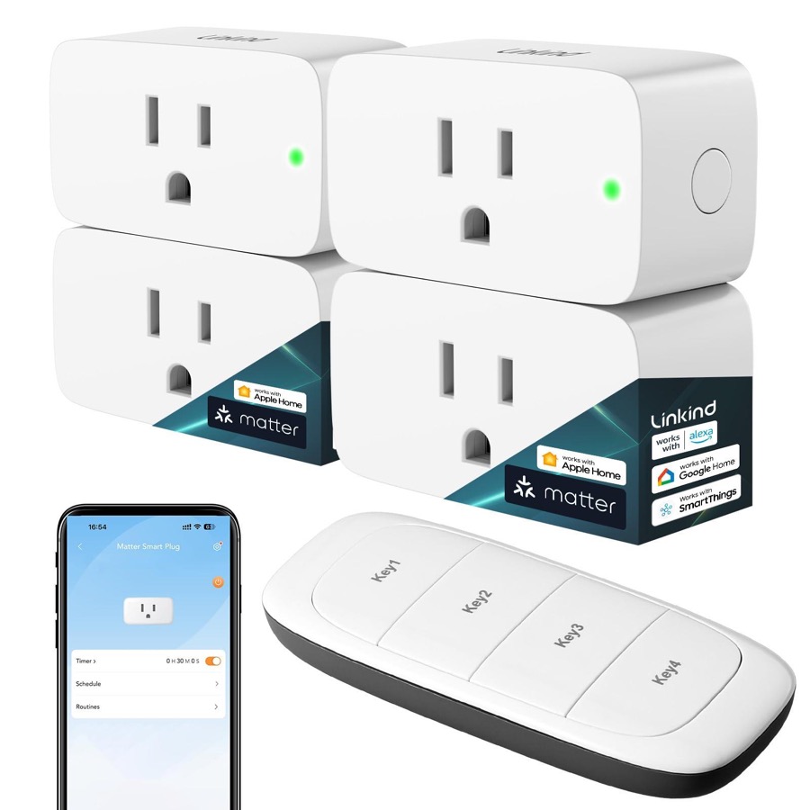 Matter Smart Plug with Remote, Work with Apple Home, Siri, Alexa, Google Home, SmartThings, Smart Outlet 15A/1800W Max, Smart Automation, Remote Control,Timer&Schedule, 2.4G Wi-Fi, 4 Pack