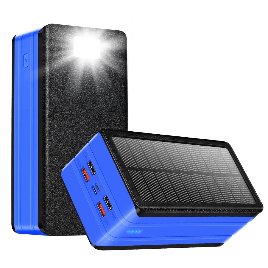 Solar Charger Power Bank 80000mAh Portable Charger With USB-C In/Output 22.5W QC3.0 Fast Charging 5 Out Ports Battery Pack Built-In 32 Led Flashlights For Smartphone Tablet Camping Blue